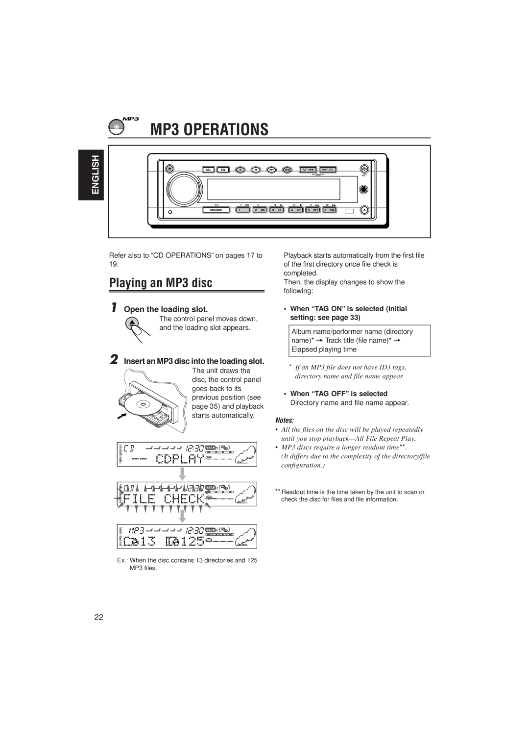 JVC KD-SH99R manual MP3 Operations, Playing an MP3 disc, Insert an MP3 disc into the loading slot 