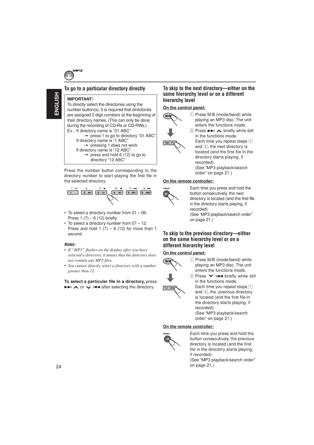 JVC KD-SH99R manual To go to a particular directory directly, To select a particular file in a directory, press 