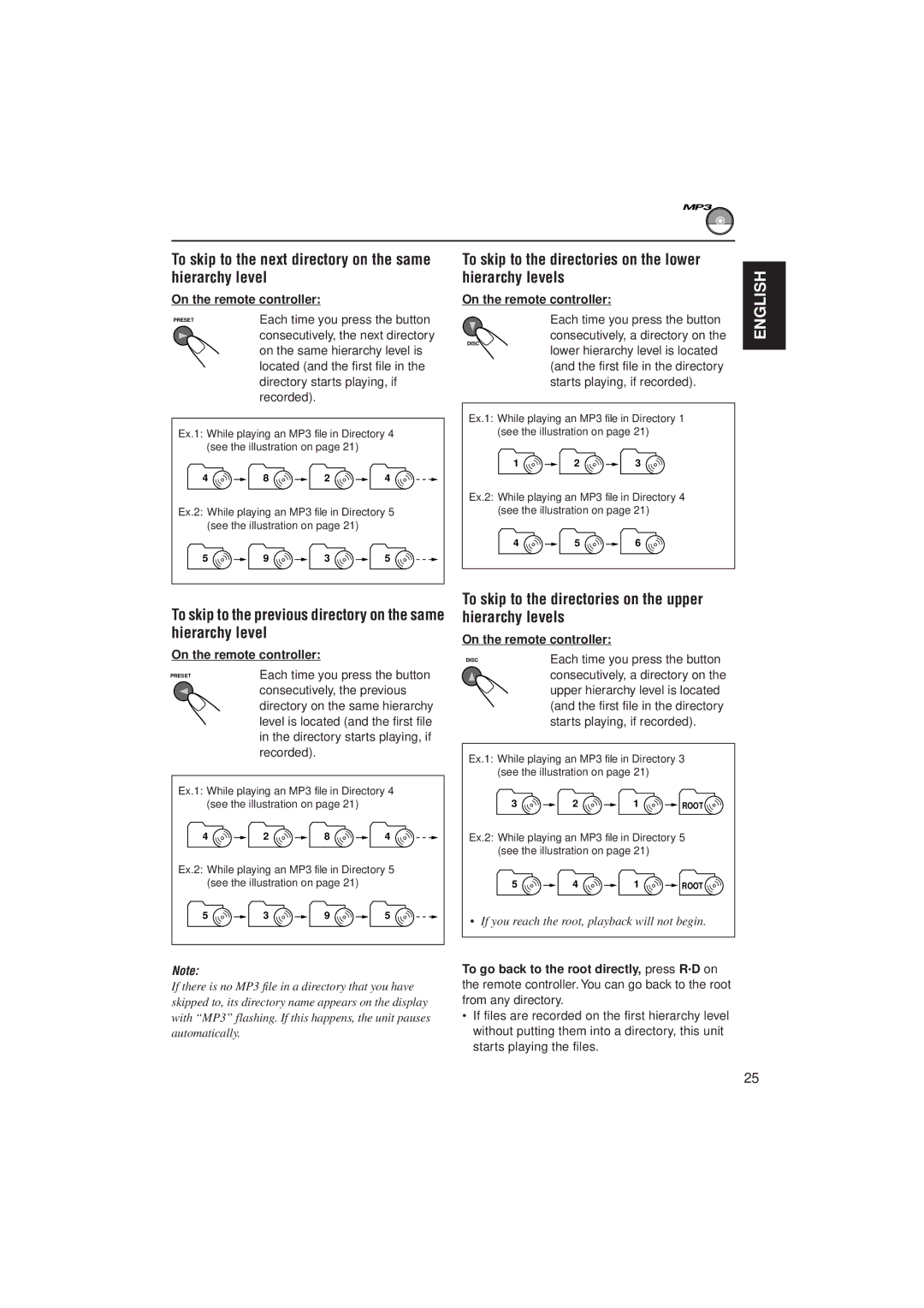 JVC KD-SH99R manual To skip to the next directory on the same hierarchy level 