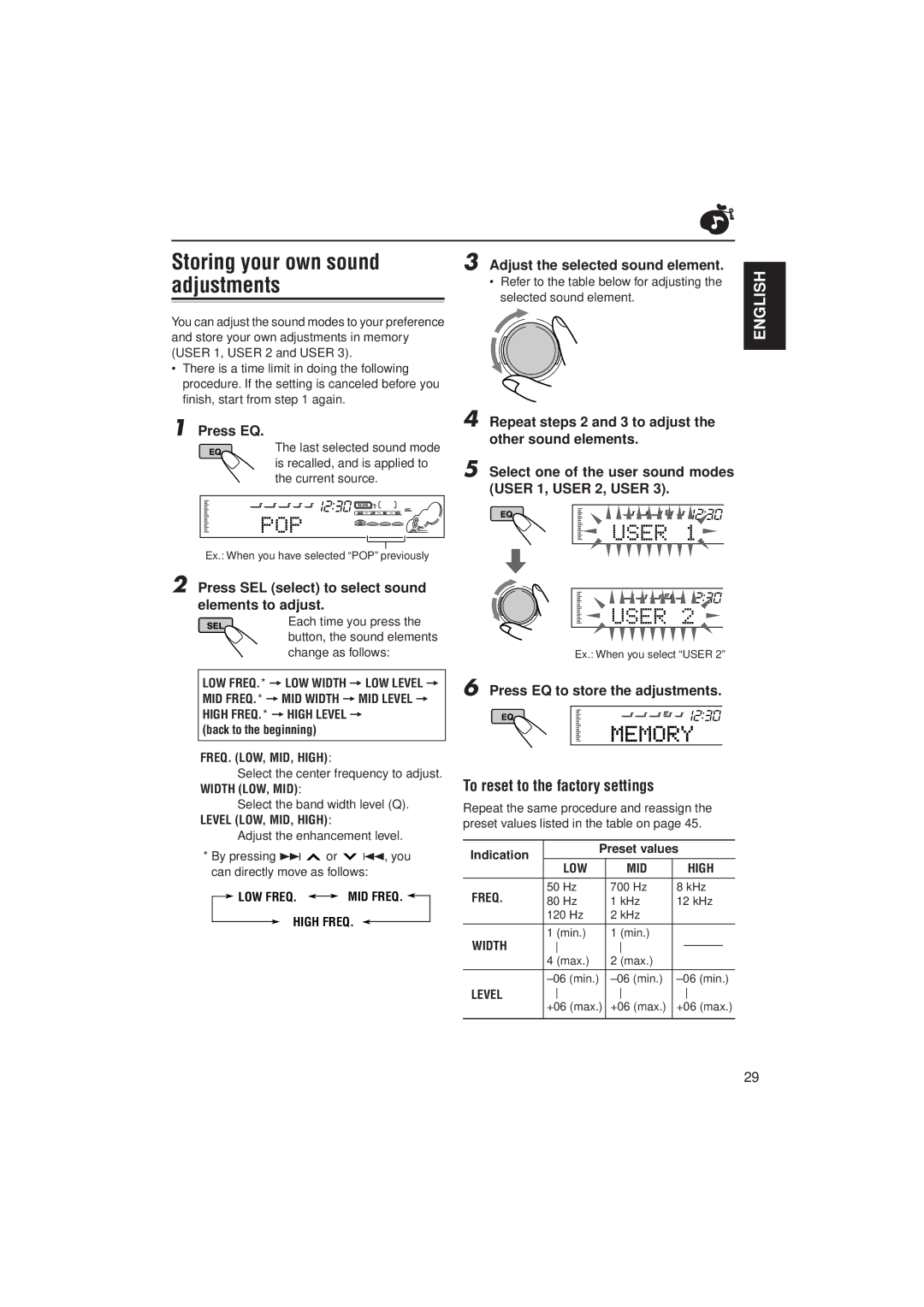 JVC KD-SH99R manual Storing your own sound adjustments, Press SEL select to select sound elements to adjust 