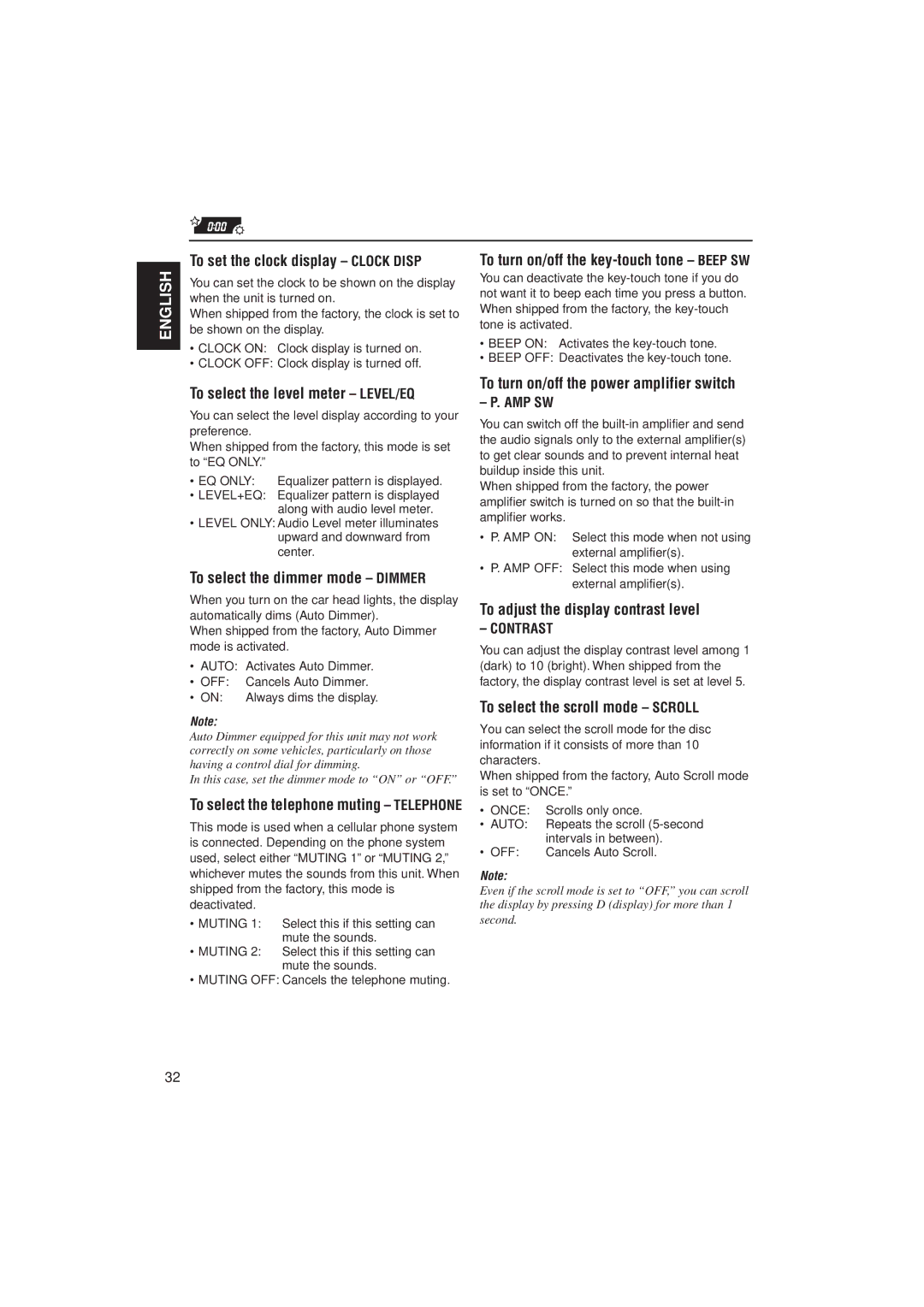 JVC KD-SH99R To set the clock display Clock Disp, To select the level meter LEVEL/EQ, To select the dimmer mode Dimmer 