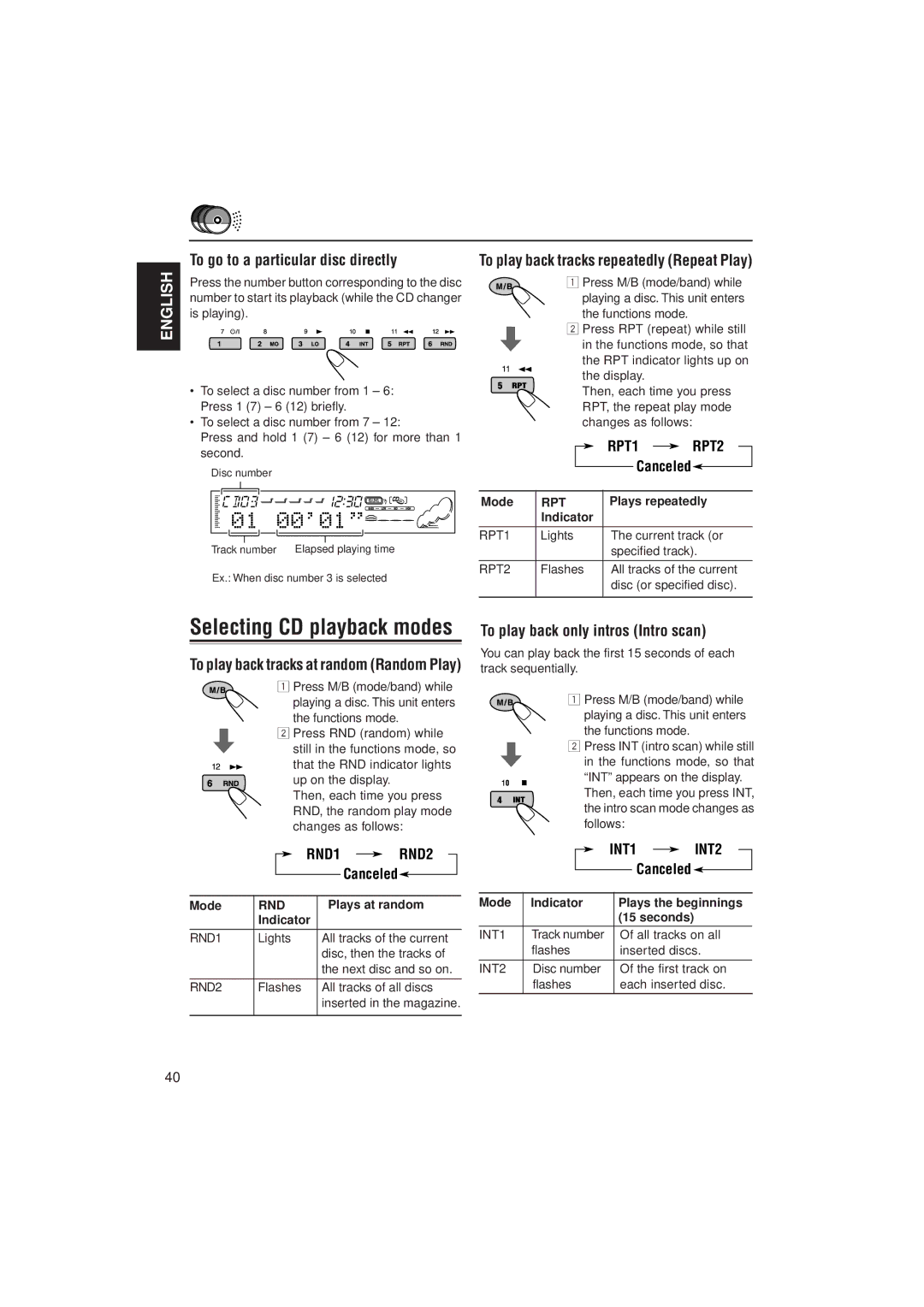 JVC KD-SH99R manual To go to a particular disc directly, To play back tracks repeatedly Repeat Play, RND2, INT1 INT2 