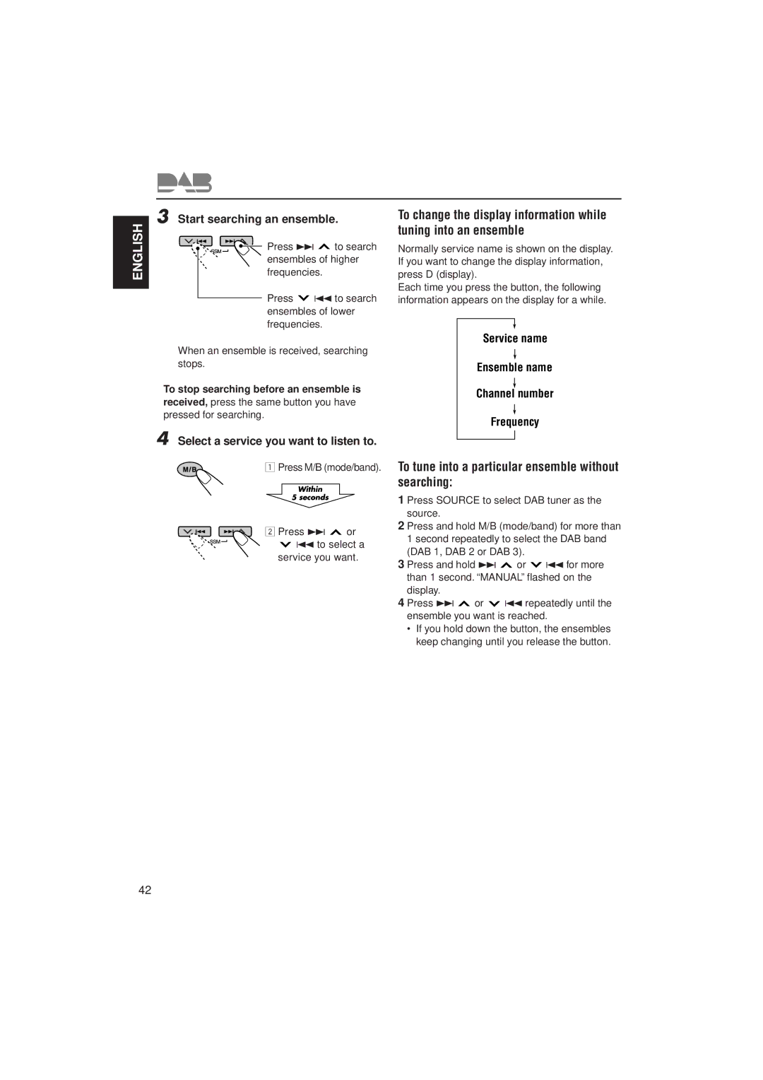 JVC KD-SH99R manual To tune into a particular ensemble without searching, Start searching an ensemble 