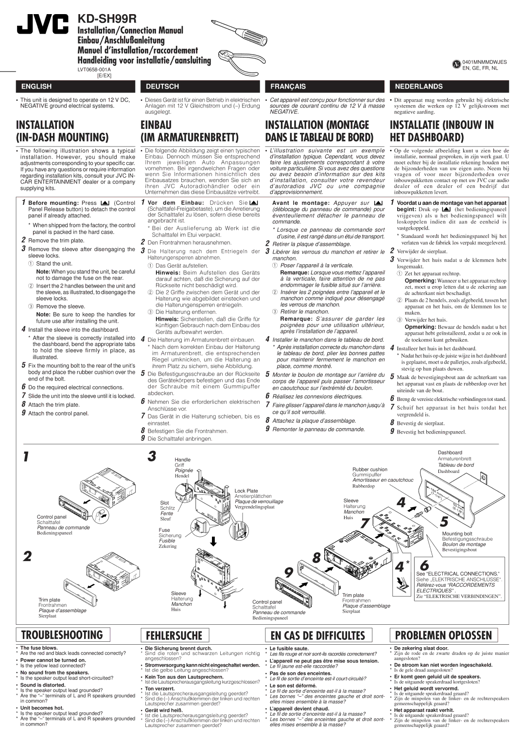 JVC KD-SH99R manual Before mounting Press, Vor dem Einbau Drücken Sie Avant le montage Appuyer sur, Begint Druk op 