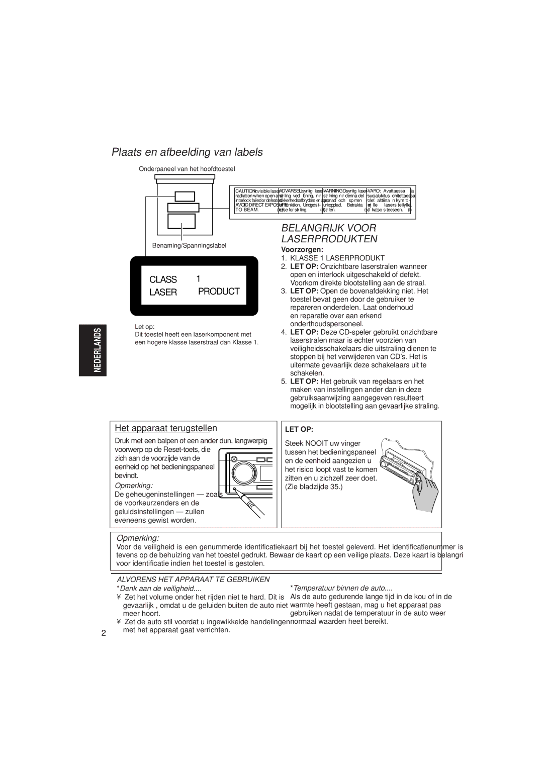 JVC KD-SH99R manual Het apparaat terugstellen, Voorzorgen 