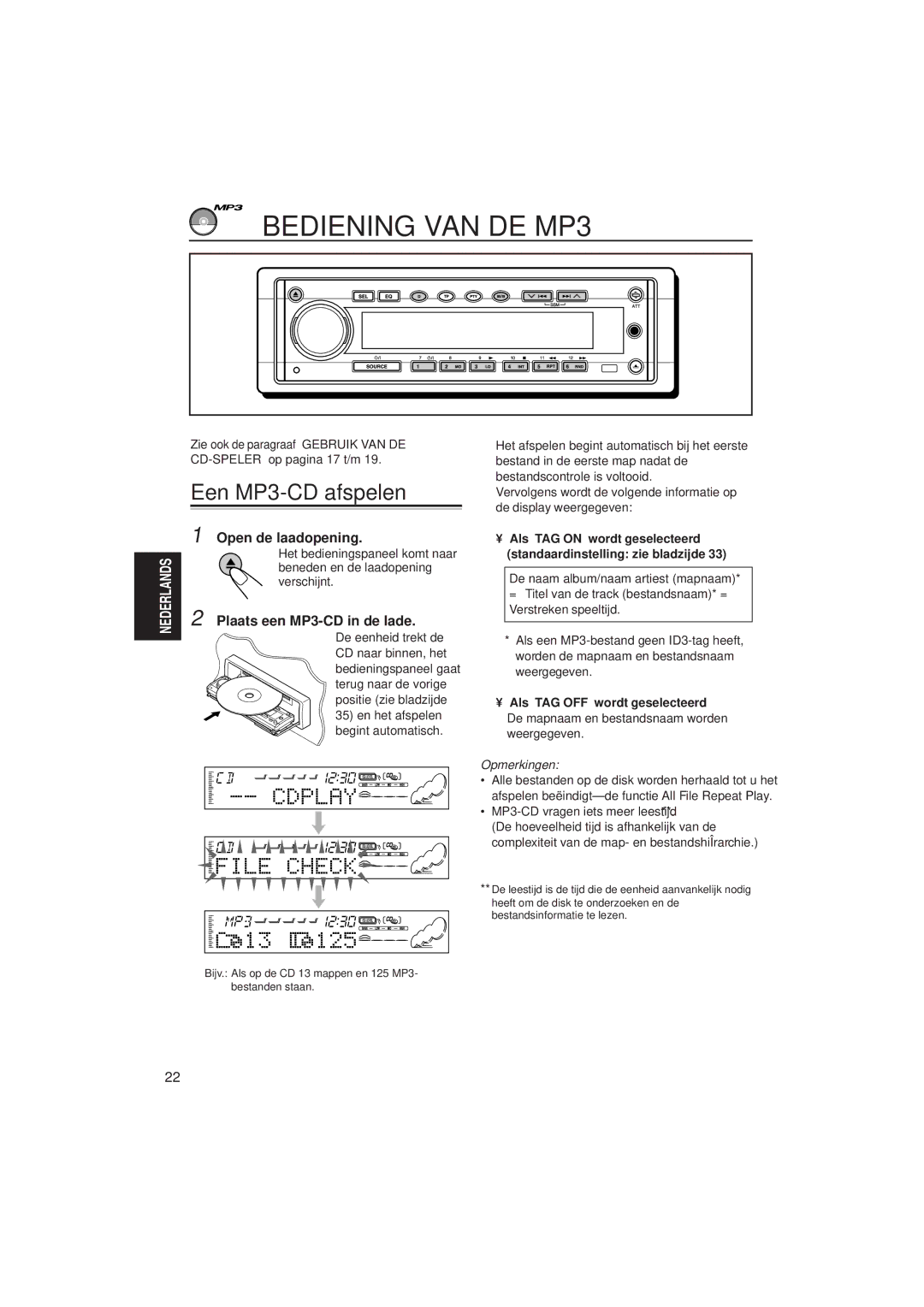 JVC KD-SH99R manual Bediening VAN DE MP3, Een MP3-CD afspelen, Plaats een MP3-CD in de lade 