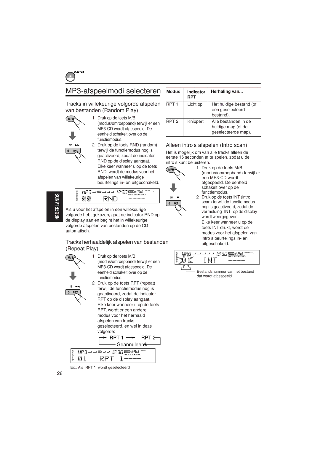 JVC KD-SH99R Tracks herhaaldelijk afspelen van bestanden Repeat Play, RPT 1 RPT Geannuleerd, Modus Indicator Herhaling van 