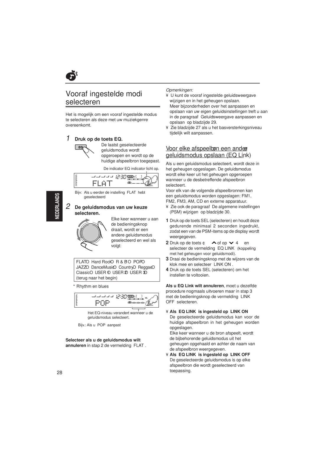 JVC KD-SH99R manual Vooraf ingestelde modi selecteren, Druk op de toets EQ, De geluidsmodus van uw keuze selecteren 