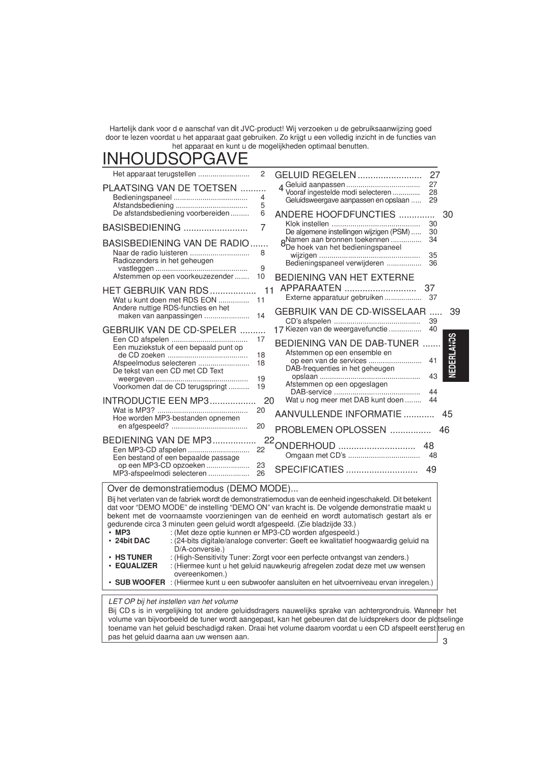 JVC KD-SH99R manual Inhoudsopgave, Over de demonstratiemodus Demo Mode, MP3 