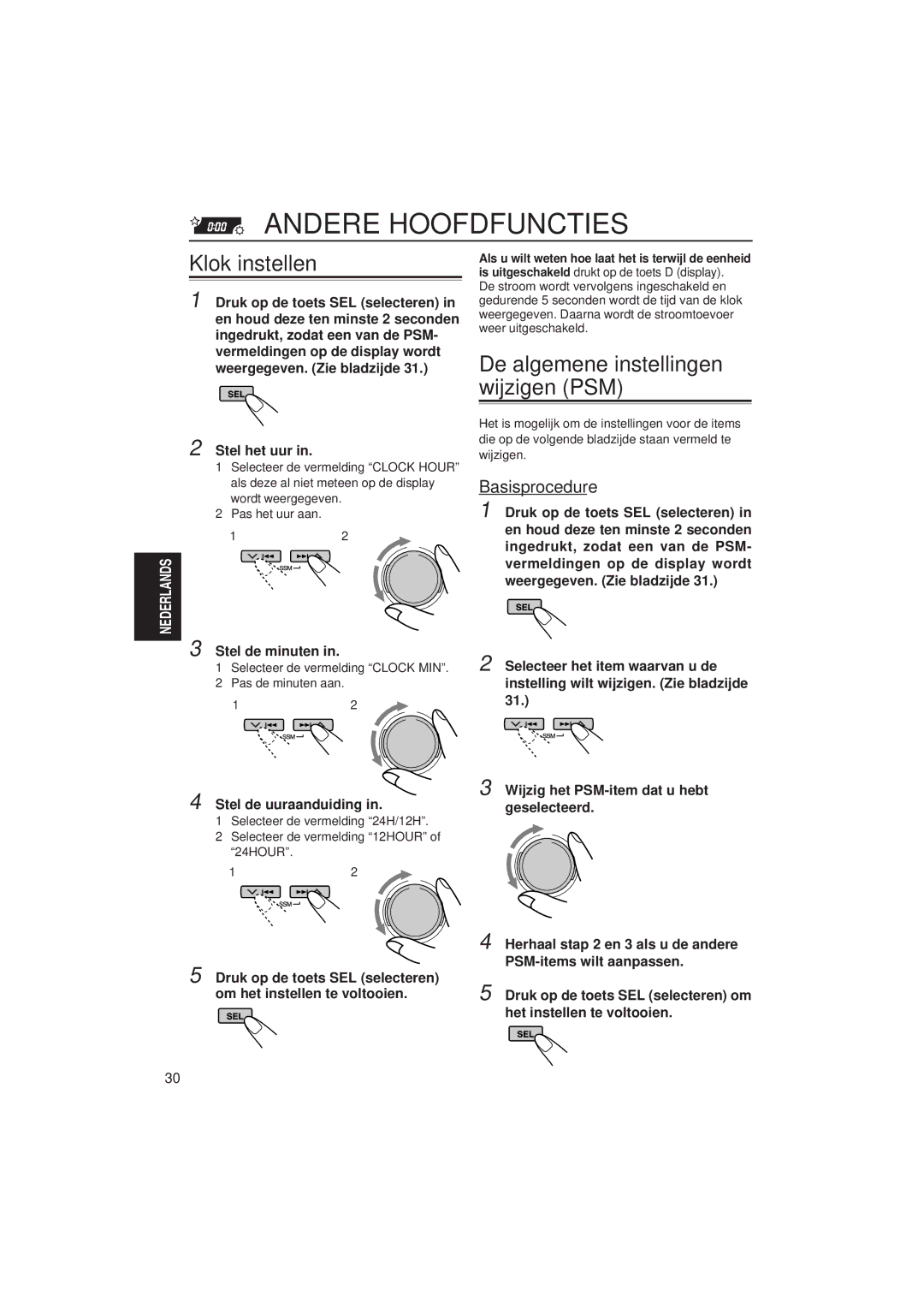 JVC KD-SH99R manual Andere Hoofdfuncties, Klok instellen, De algemene instellingen wijzigen PSM, Basisprocedure 