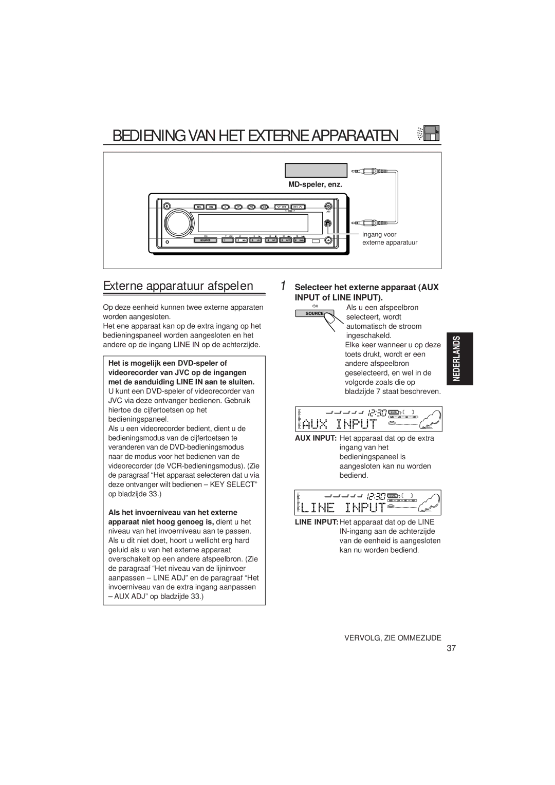 JVC KD-SH99R Selecteer het externe apparaat AUX Input of Line Input, MD-speler, enz, Als het invoerniveau van het externe 