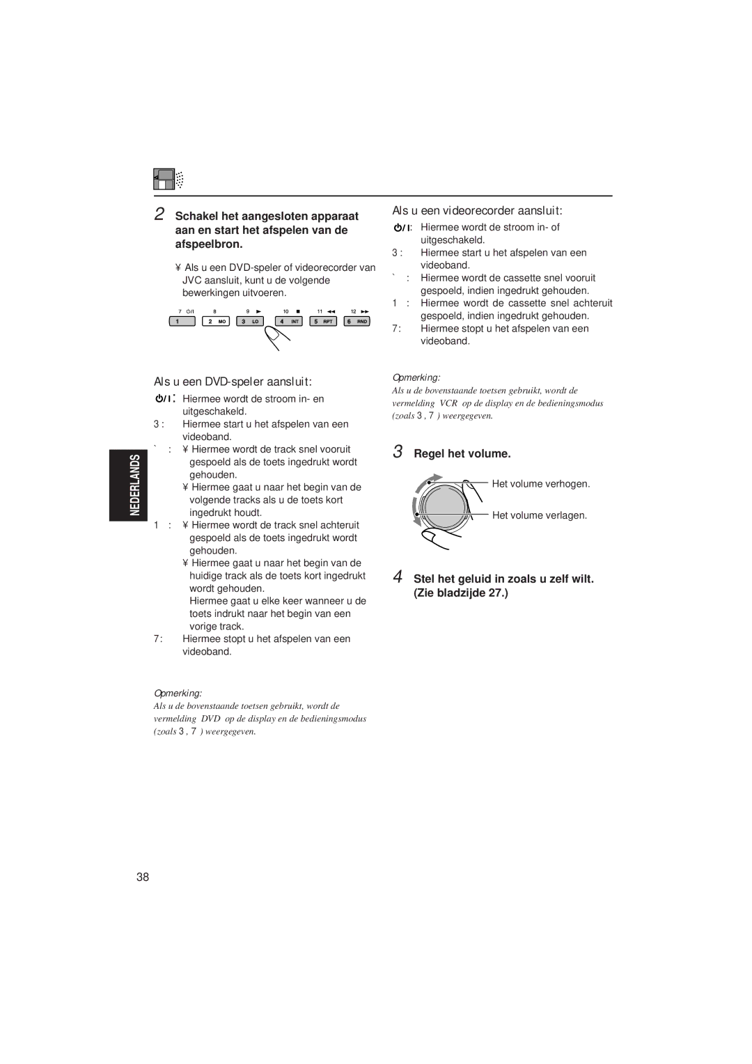 JVC KD-SH99R manual Als u een videorecorder aansluit, Als u een DVD-speler aansluit 