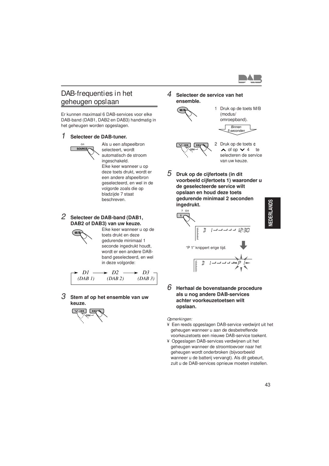 JVC KD-SH99R DAB-frequenties in het geheugen opslaan, Selecteer de DAB-band DAB1, DAB2 of DAB3 van uw keuze, Ingedrukt 