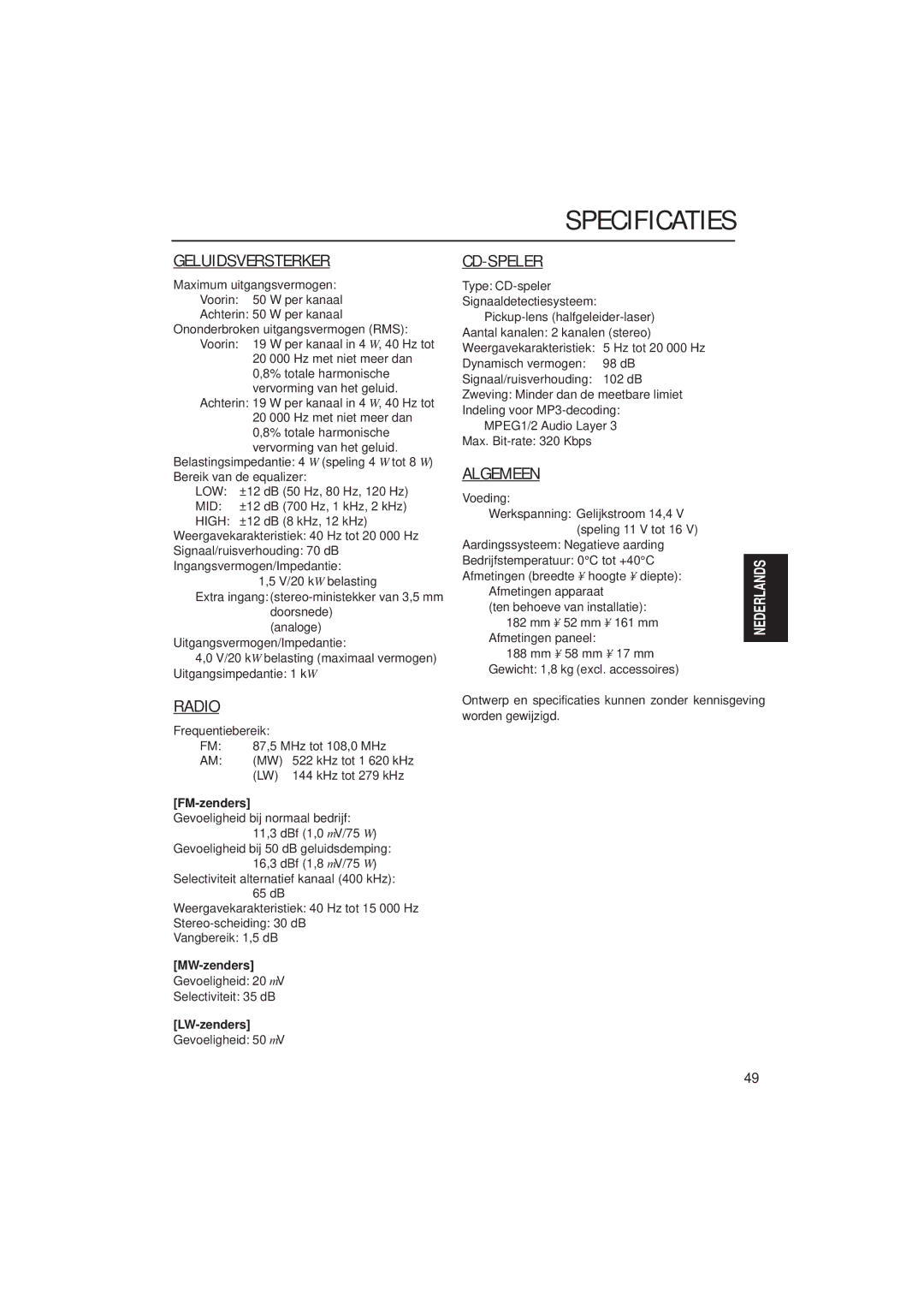 JVC KD-SH99R manual Specificaties, FM-zenders, MW-zenders, LW-zenders 