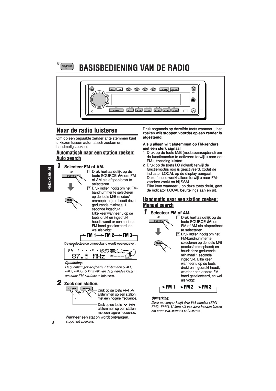 JVC KD-SH99R manual Basisbediening Van De Radio, Naar de radio luisteren, Automatisch naar een station zoeken Auto search 