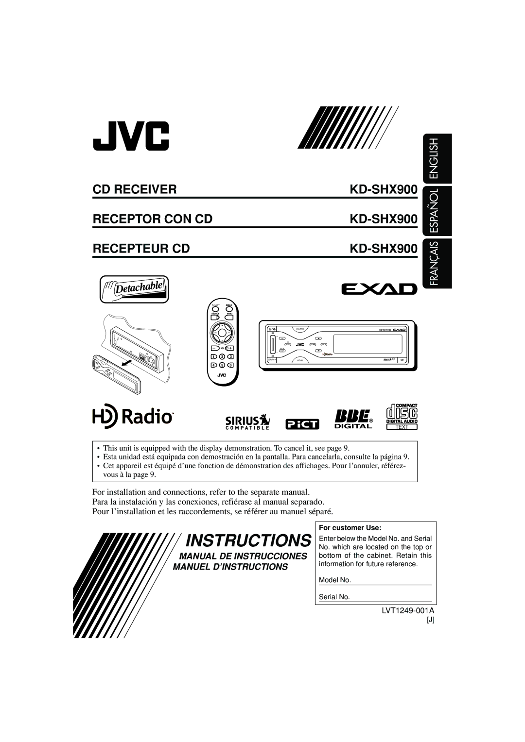 JVC manual CD Receiver Receptor CON CD Recepteur CD KD-SHX900, For customer Use 