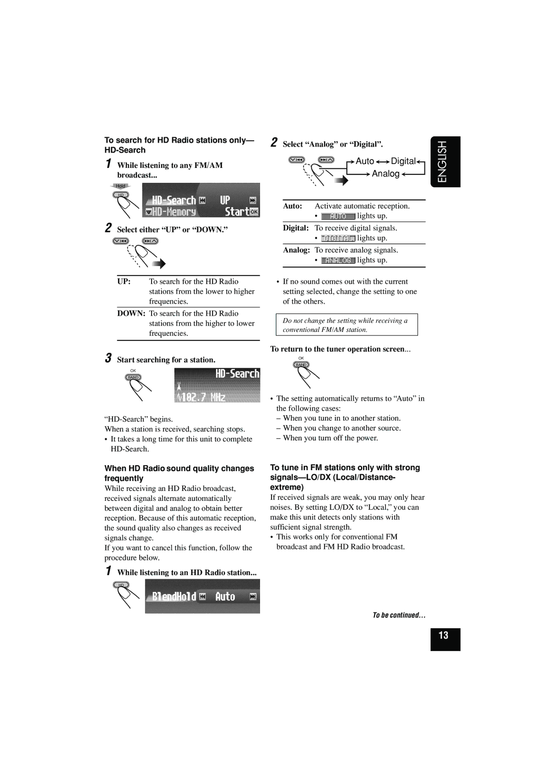 JVC KD-SHX900 manual To search for HD Radio stations only- HD-Search, When HD Radio sound quality changes frequently 