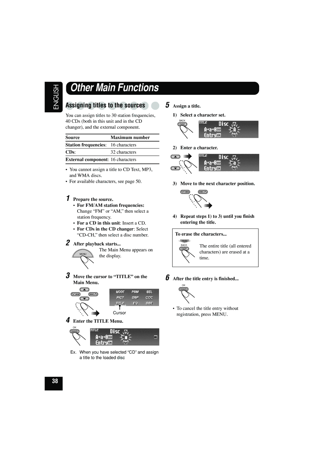 JVC KD-SHX900 manual Other Main Functions, Assign a title Select a character set, Move the cursor to Title on the Main Menu 