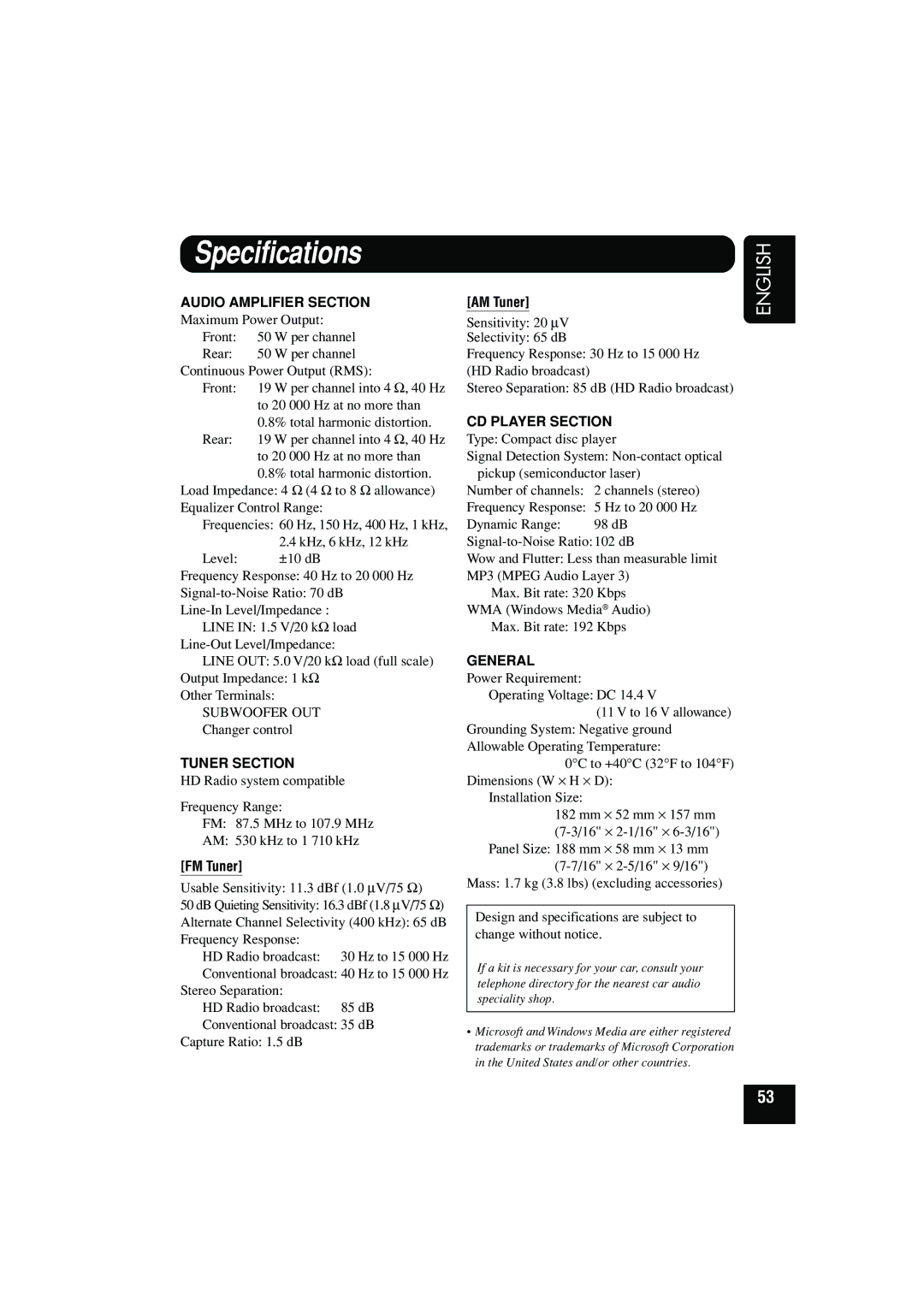 JVC KD-SHX900 manual Specifications, FM Tuner, AM Tuner 