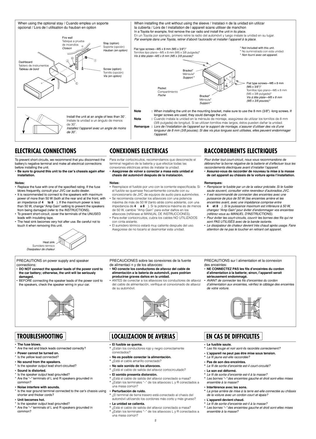 JVC KD-SHX900 manual Nota, Remarque, Fuse blows, Sound is distorted, Noise interfere with sounds, Unit becomes hot 