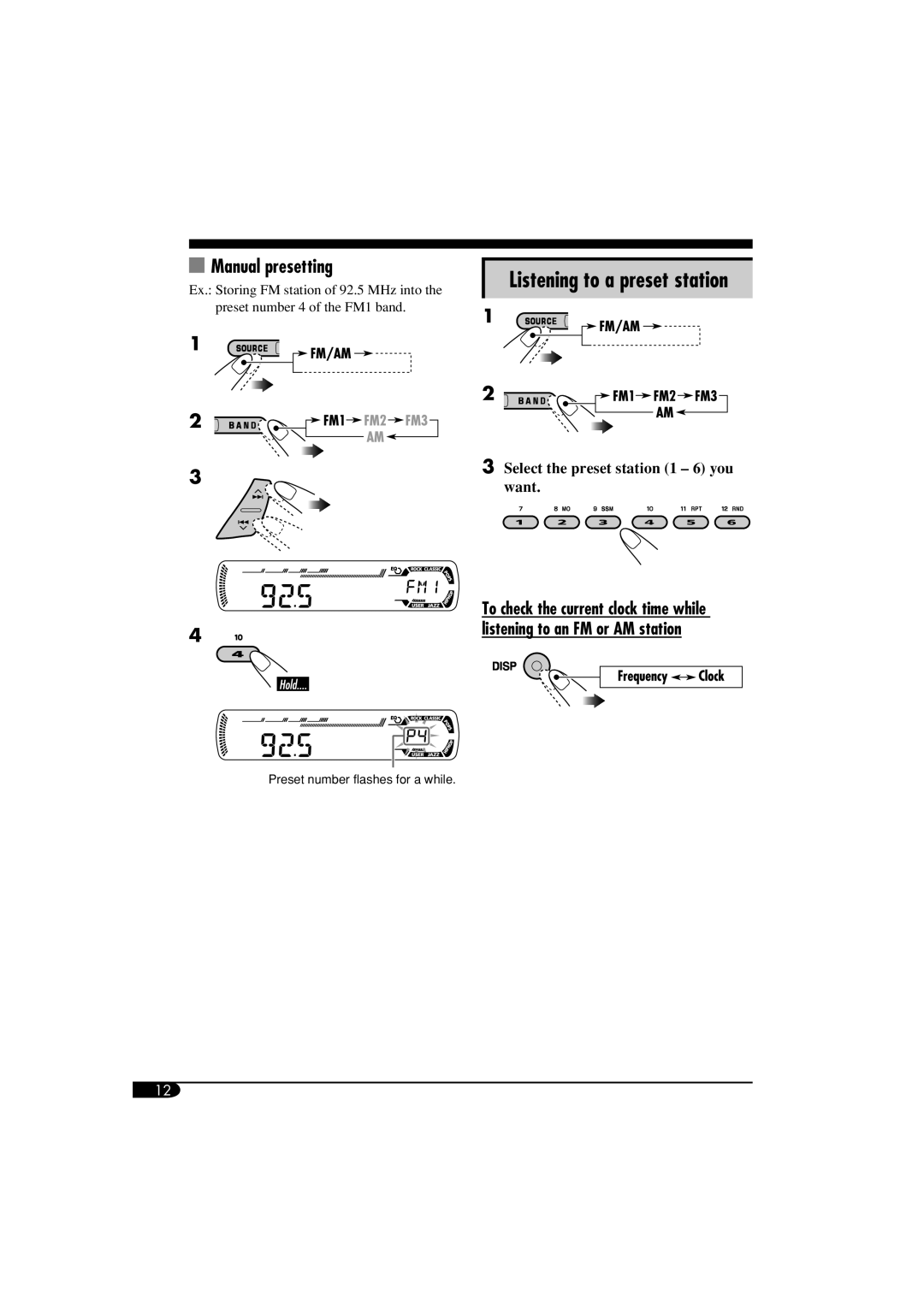 JVC KD-SV3104 manual Listening to a preset station, Manual presetting 