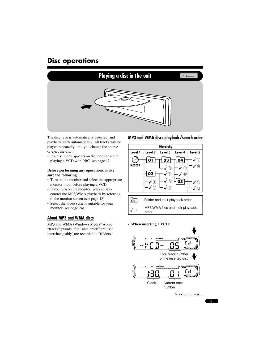 JVC KD-SV3104 manual Disc operations, About MP3 and WMA discs, MP3 and WMA discs playback/search order 