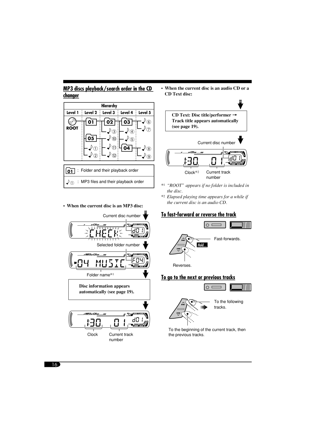 JVC KD-SV3104 manual MP3 discs playback/search order in the CD changer, To fast-forward or reverse the track 