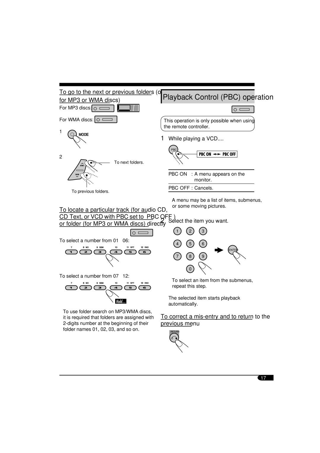 JVC KD-SV3104 manual To correct a mis-entry and to return to the previous menu, For MP3 discs For WMA discs 