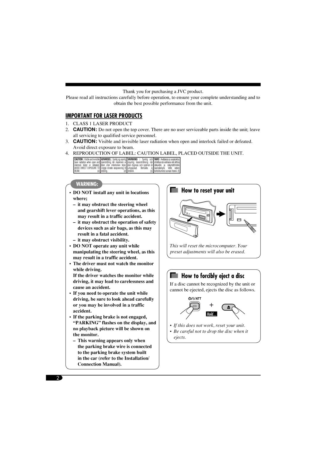 JVC KD-SV3104 manual How to reset your unit, How to forcibly eject a disc 