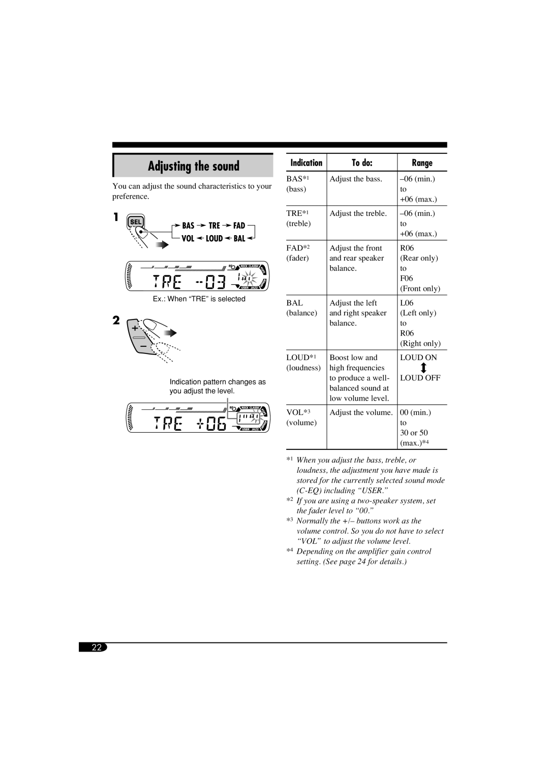 JVC KD-SV3104 manual Adjusting the sound, To do Range 