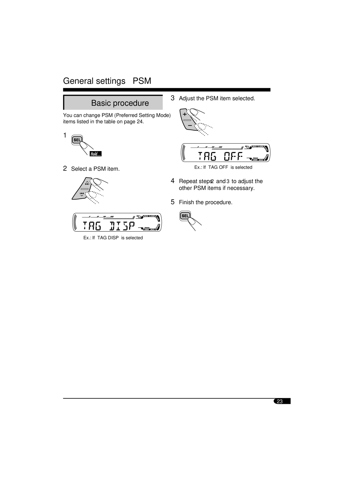 JVC KD-SV3104 manual General settings PSM, Basic procedure 