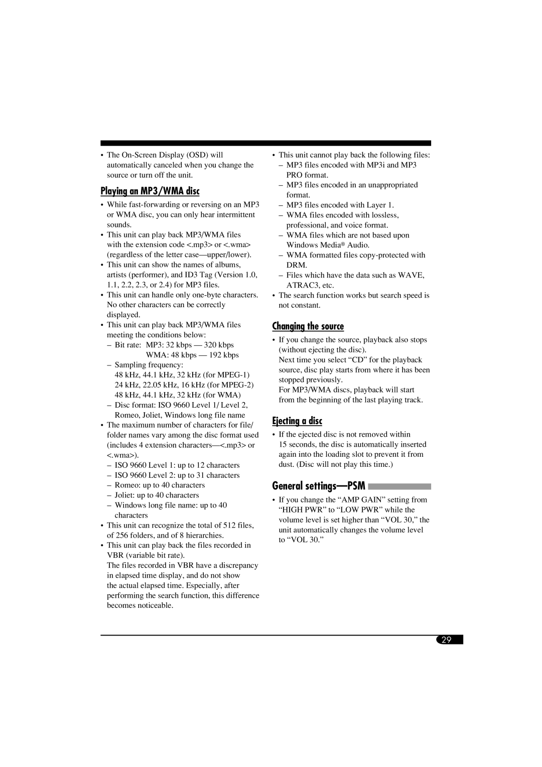 JVC KD-SV3104 manual General settings-PSM, Playing an MP3/WMA disc, Changing the source, Ejecting a disc 