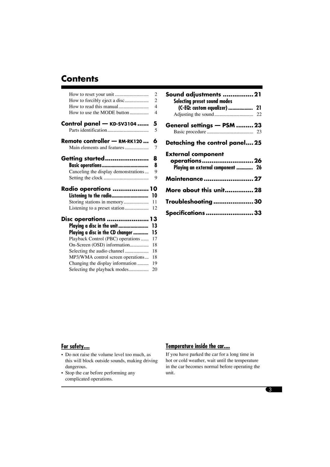 JVC KD-SV3104 manual Contents 