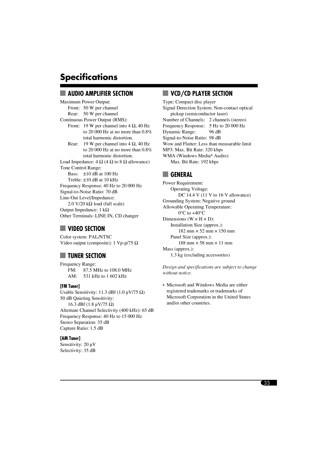 JVC KD-SV3104 manual Specifications, Audio Amplifier Section 