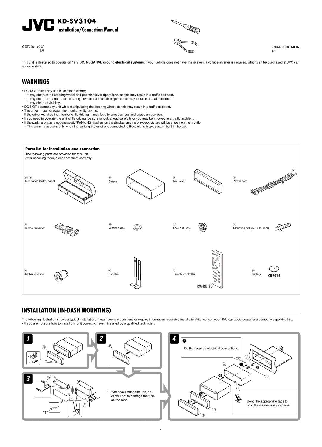 JVC KD-SV3104 manual Installation/Connection Manual, Parts list for installation and connection 