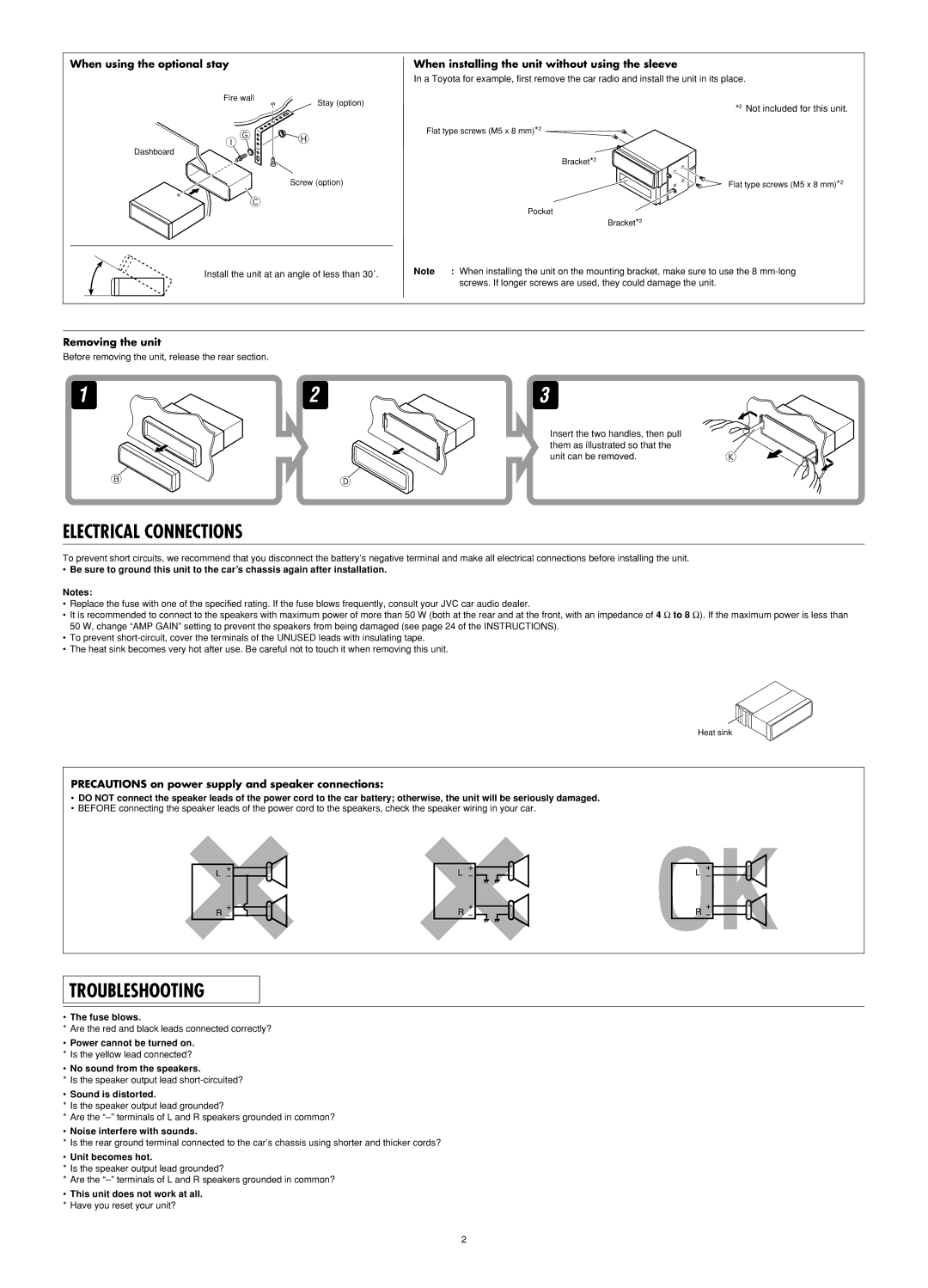 JVC KD-SV3104 manual When using the optional stay, When installing the unit without using the sleeve, Removing the unit 