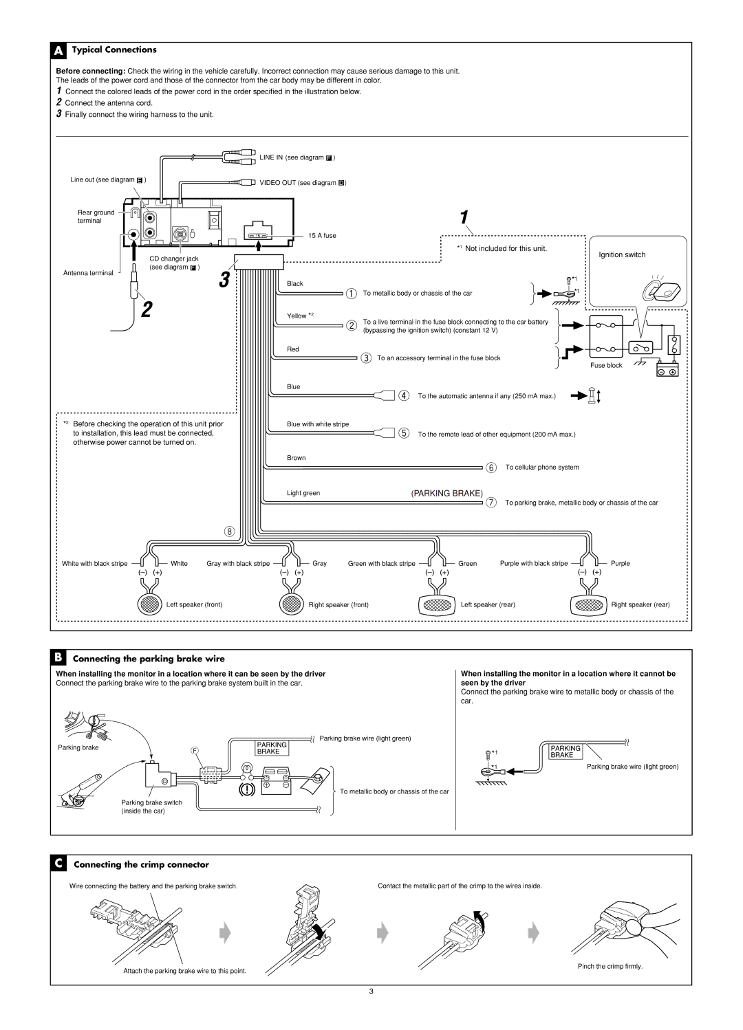 JVC KD-SV3104 manual Typical Connections, Connecting the parking brake wire, Connecting the crimp connector 