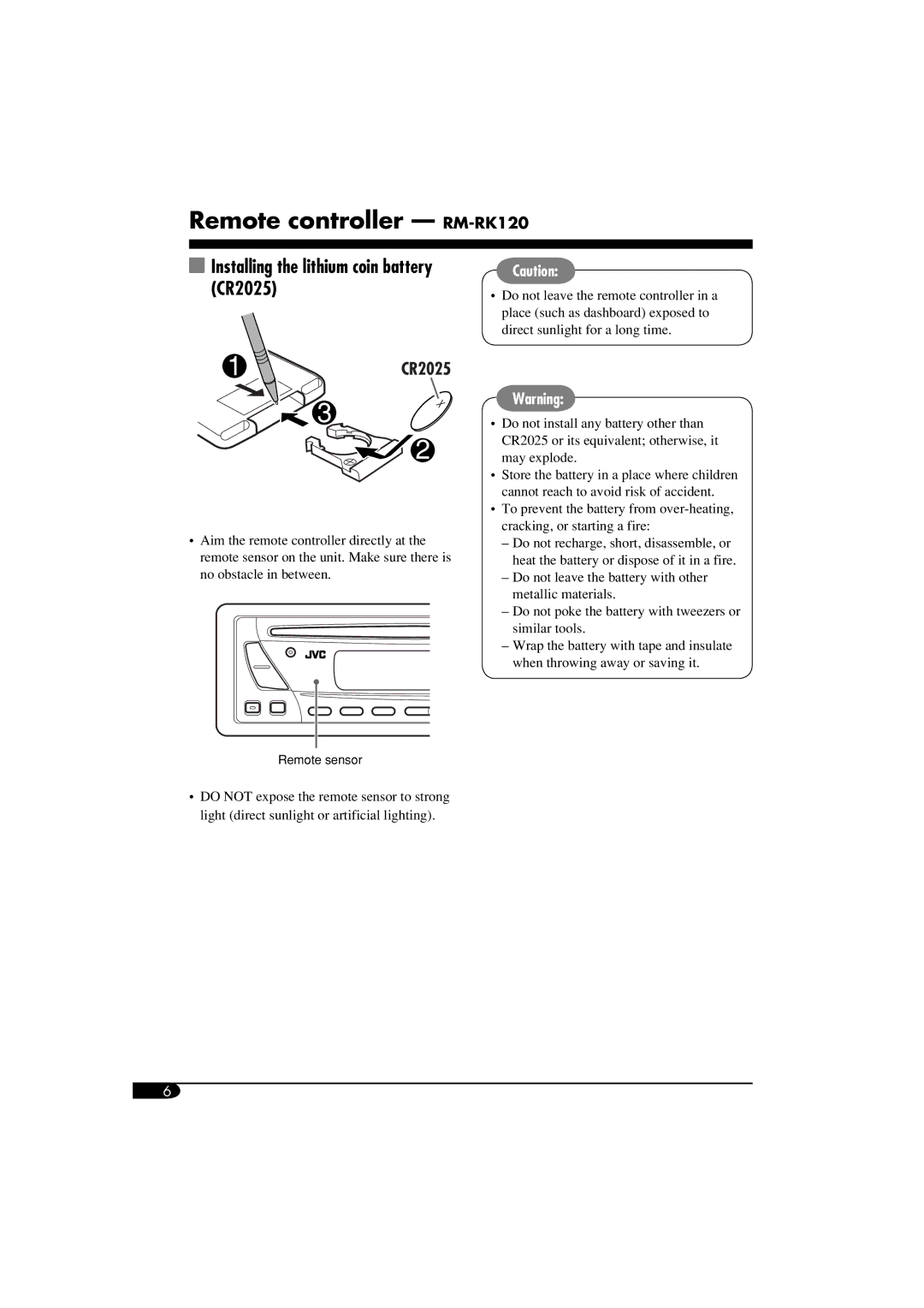 JVC KD-SV3104 manual Remote controller RM-RK120, Installing the lithium coin battery CR2025 