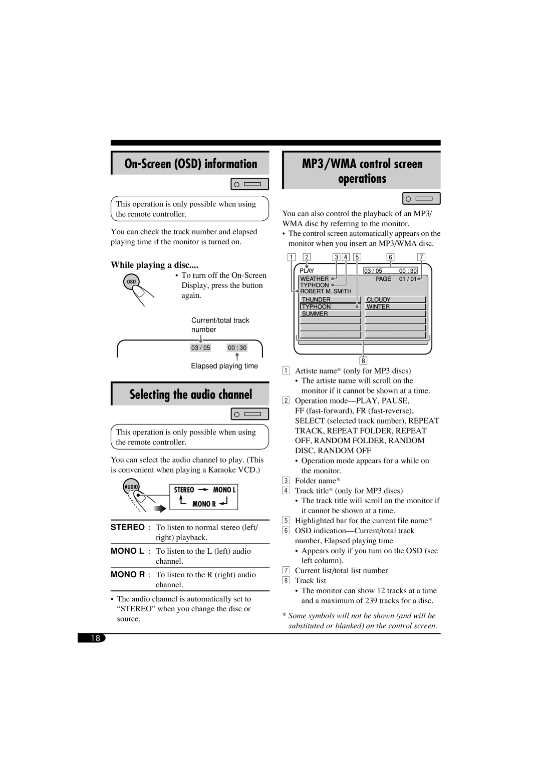 JVC KD-SV3104 manual MP3/WMA control screen operations, Selecting the audio channel, While playing a disc 