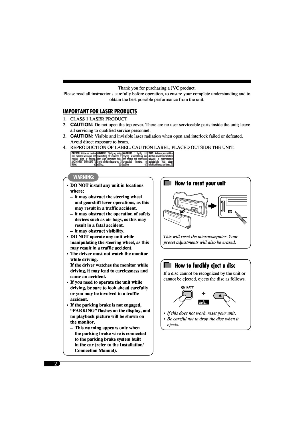 JVC KD-SV3104 manual How to reset your unit, How to forcibly eject a disc, Important For Laser Products 