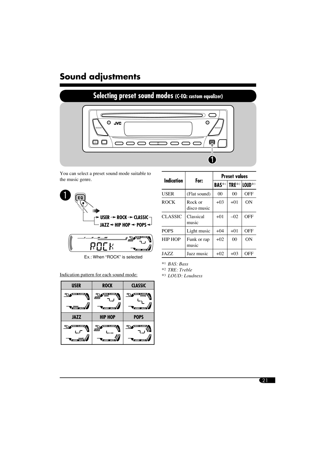 JVC KD-SV3104 manual Sound adjustments, Preset values 