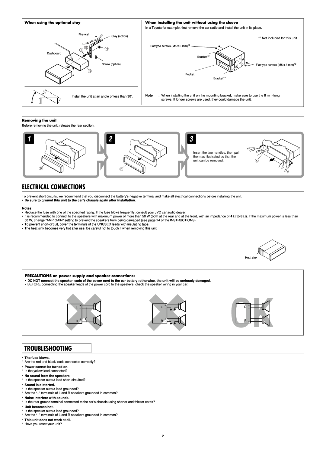 JVC KD-SV3104 manual Electrical Connections, Troubleshooting, When using the optional stay, Removing the unit 