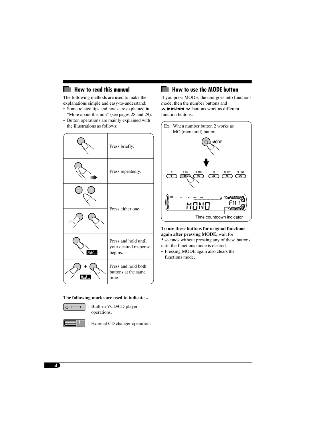 JVC KD-SV3104 How to read this manual, How to use the MODE button, The following marks are used to indicate 