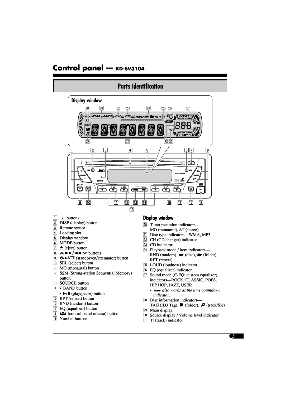 JVC manual Control panel — KD-SV3104, Parts identification, Display window 