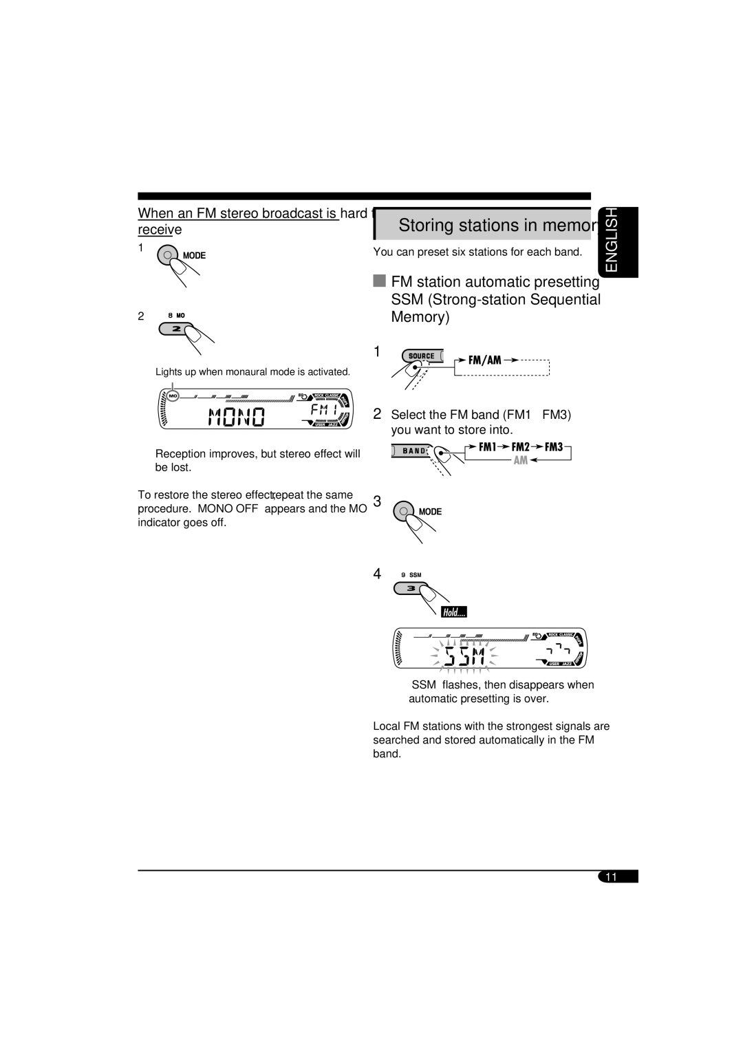 JVC KD-SV3105 manual Storing stations in memory, Receive, When an FM stereo broadcast is hard to 