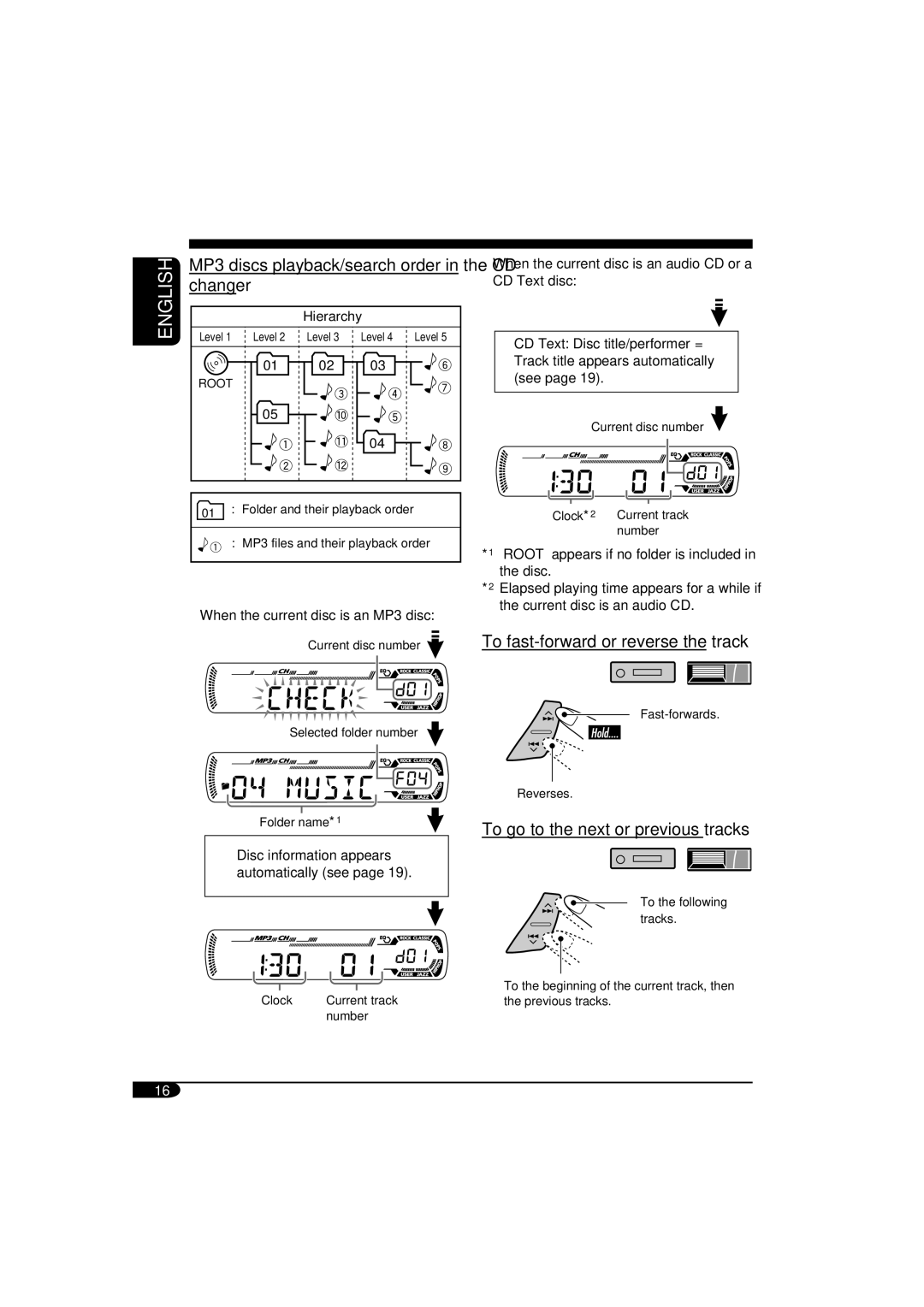 JVC KD-SV3105 manual MP3 discs playback/search order in the CD changer, To fast-forward or reverse the track 