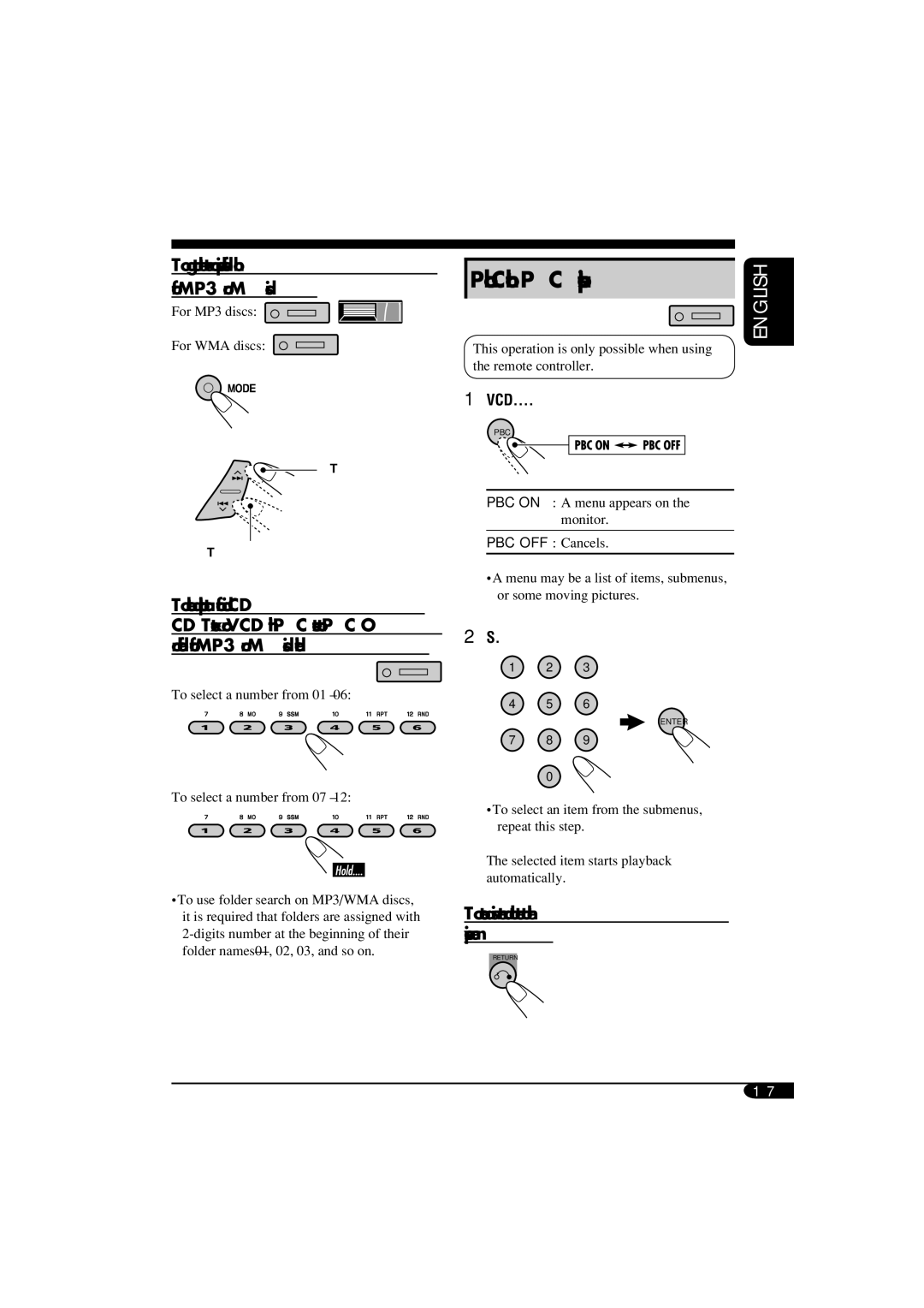 JVC KD-SV3105 manual To correct a mis-entry and to return to the previous menu, For MP3 discs For WMA discs 