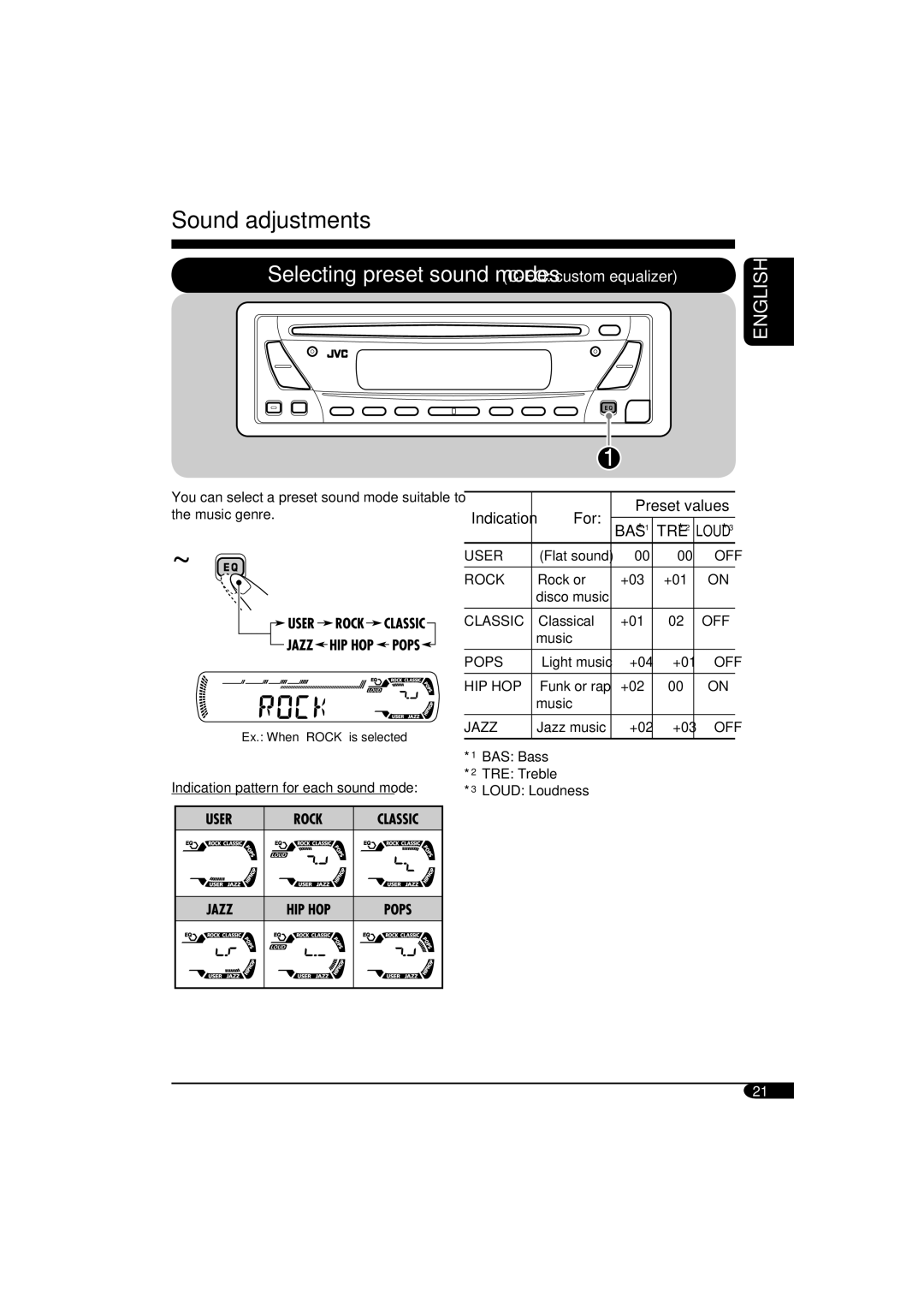 JVC KD-SV3105 manual Sound adjustments, For Preset values 