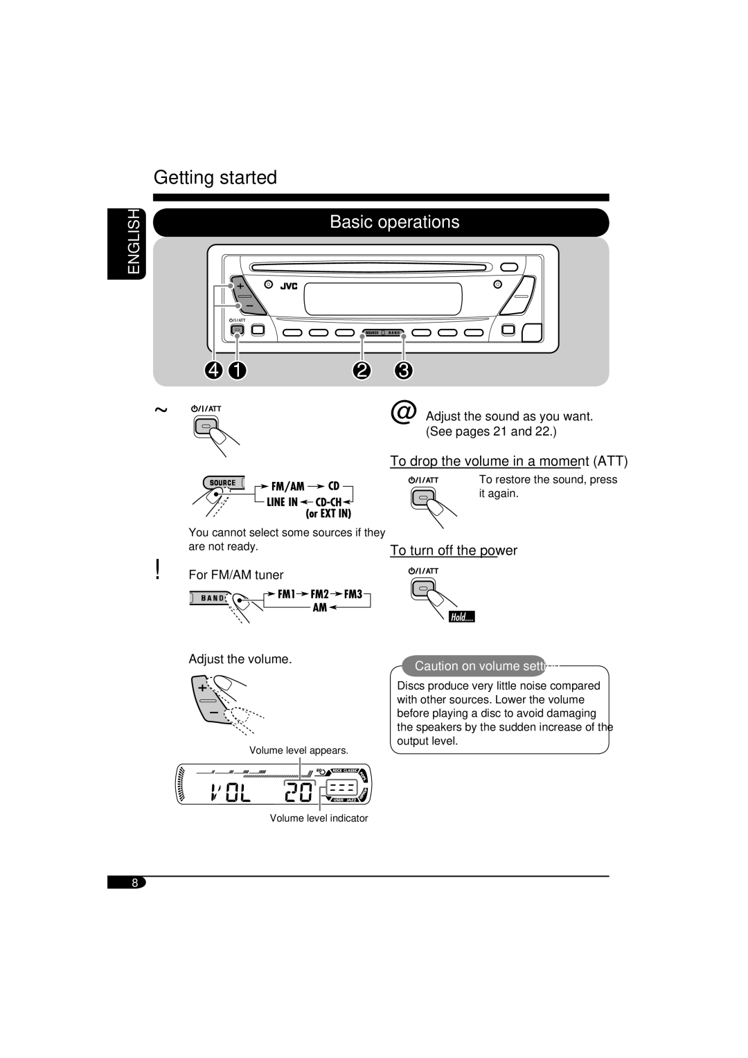 JVC KD-SV3105 manual Getting started, Basic operations 