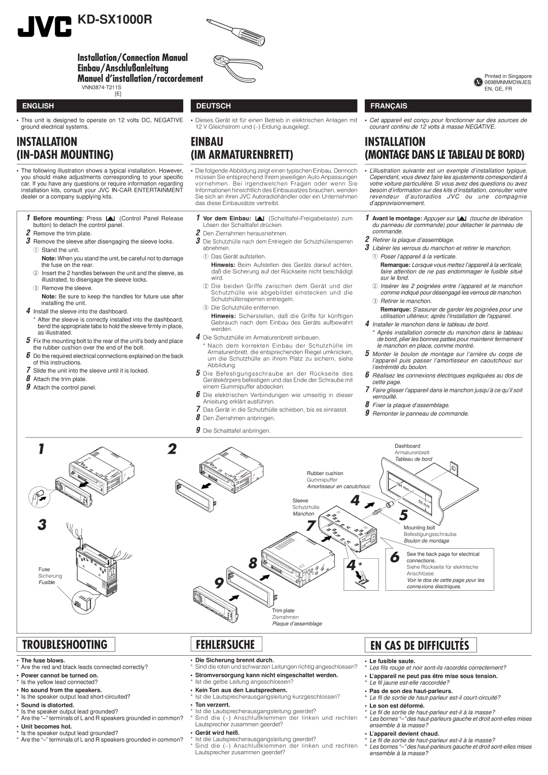 JVC KD-SX1000R manual Fuse blows, Sound is distorted, Unit becomes hot, Die Sicherung brennt durch, Ton verzerrt 